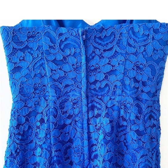 DAVID’S BRIDAL Floral Lace Ruched Dress Horizon Blue Bridesmaid Cocktail - Picture 10 of 11